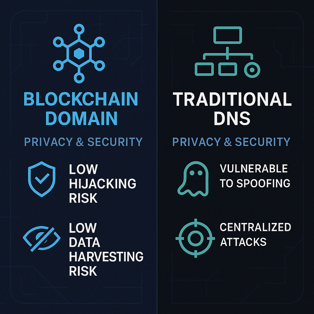 Side-by-side comparison of blockchain vs traditional domain privacy and security