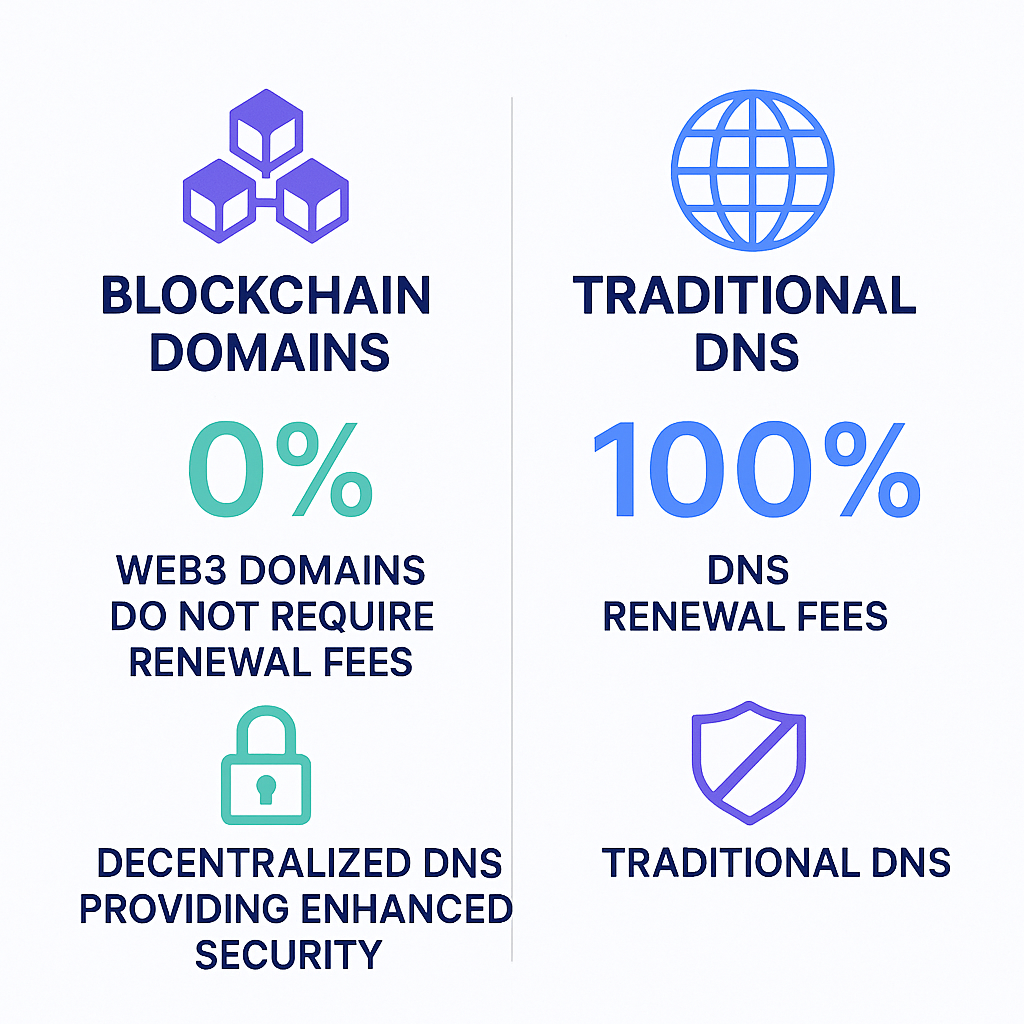 Comparison chart of blockchain domains versus traditional DNS security and ownership features