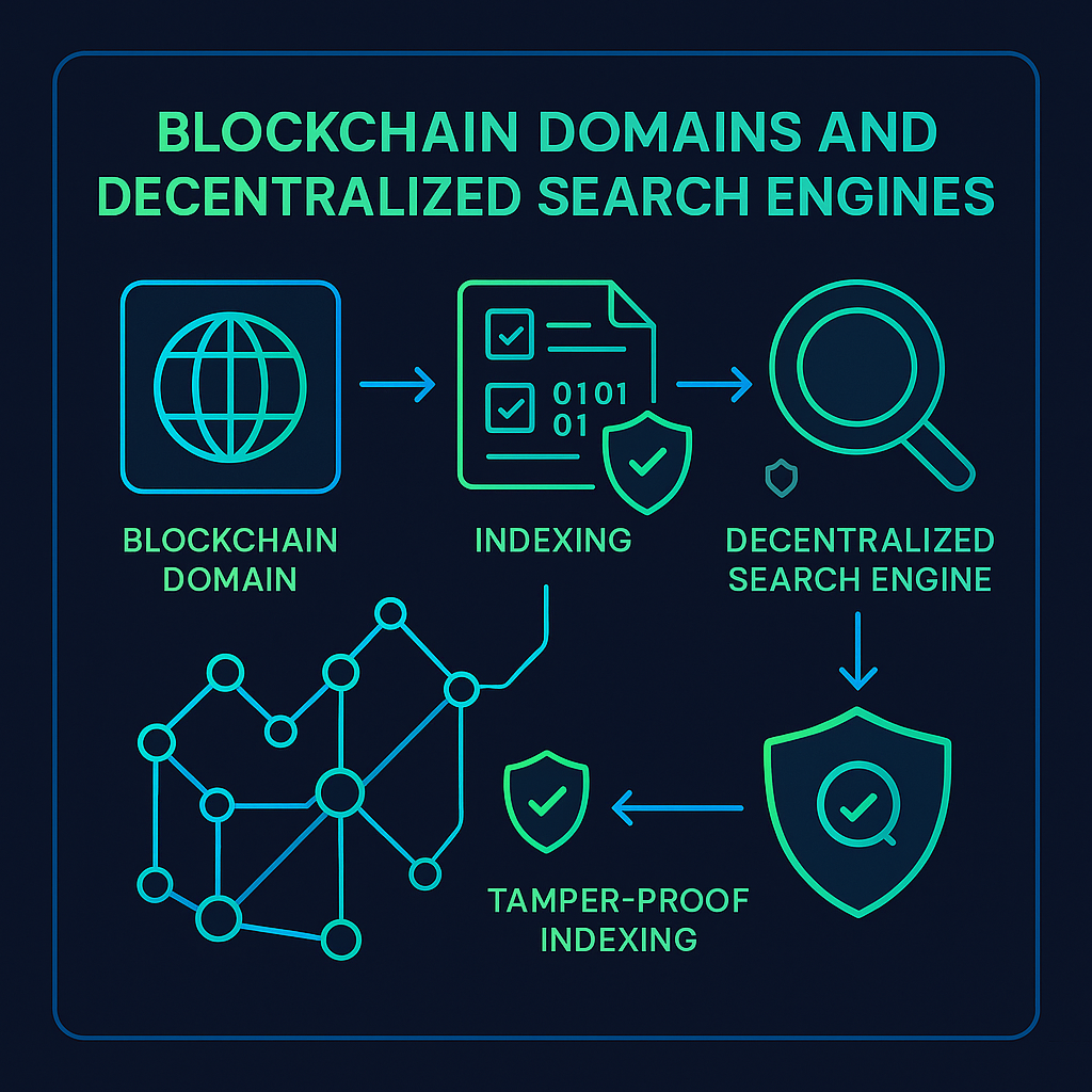 Flowchart showing blockchain domain integration and indexing in decentralized search engines.