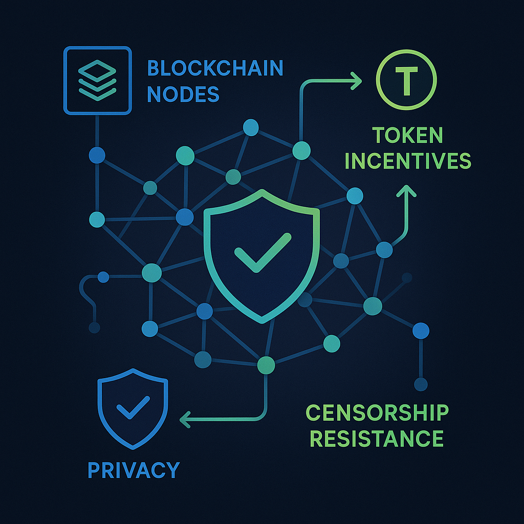 Diagram showing architecture of decentralized search engines with blockchain nodes and token incentives.