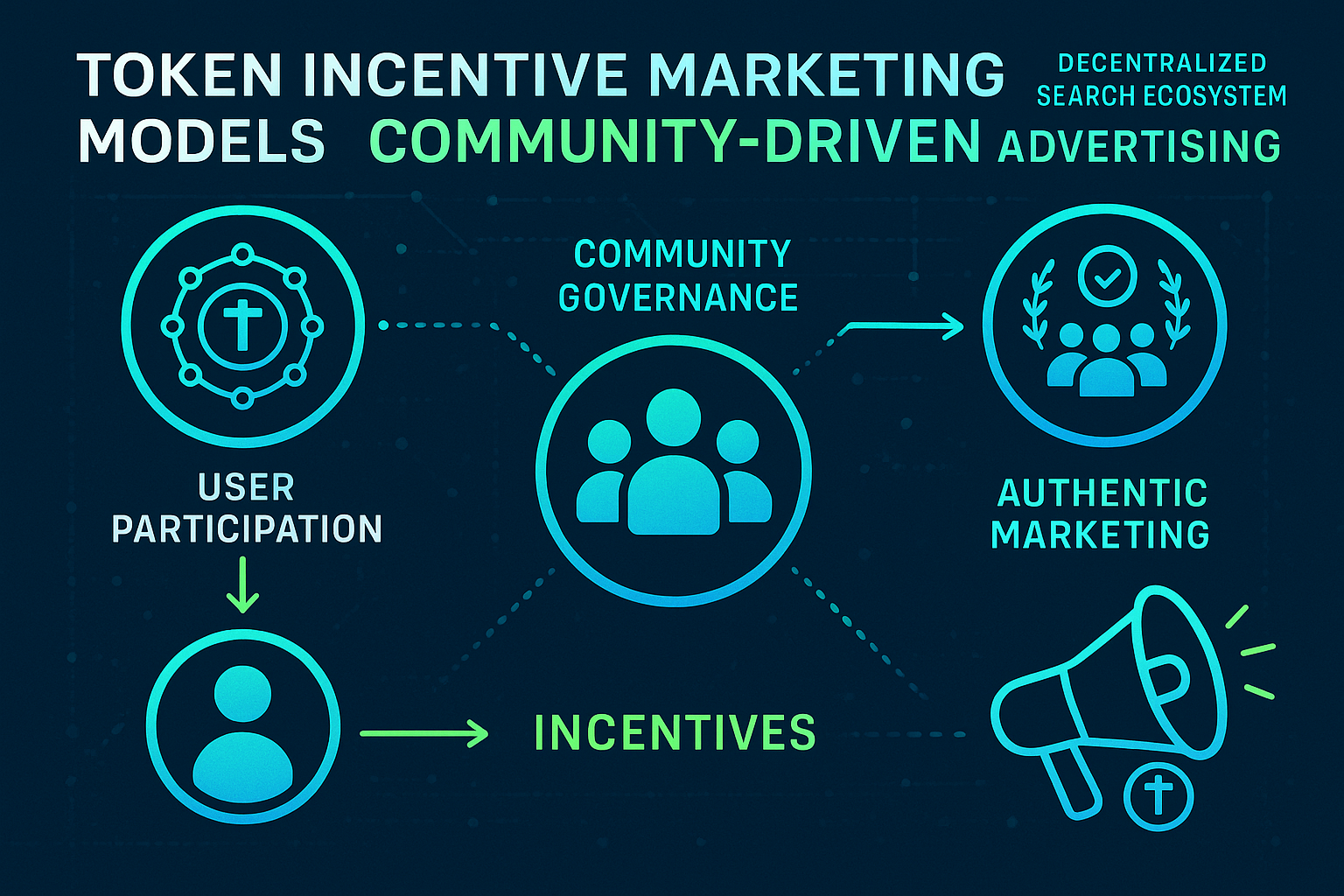 Diagram of token incentive marketing and community-driven advertising in decentralized search.