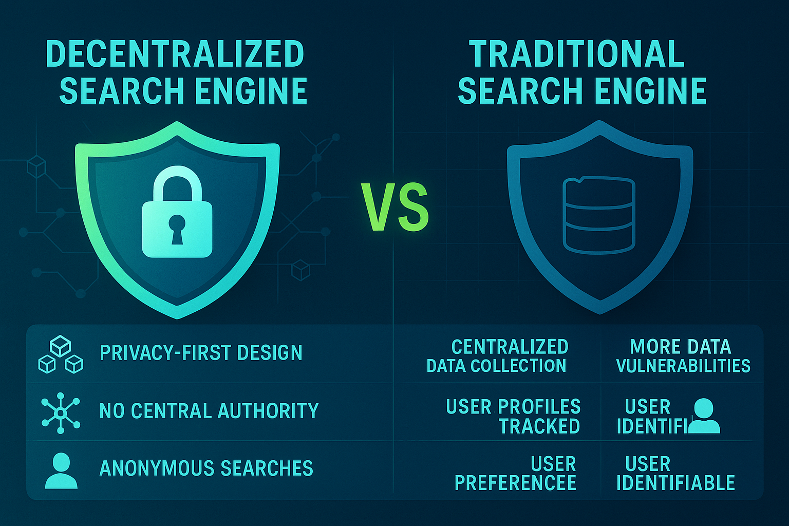 Comparison chart of privacy features between decentralized and traditional search engines.