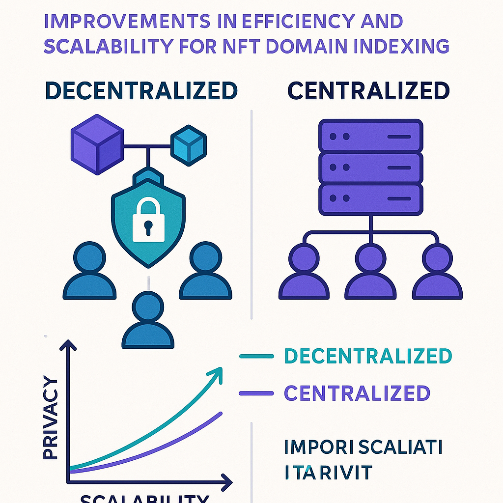 Infographic comparing decentralized and centralized search algorithms for NFT domain indexing.