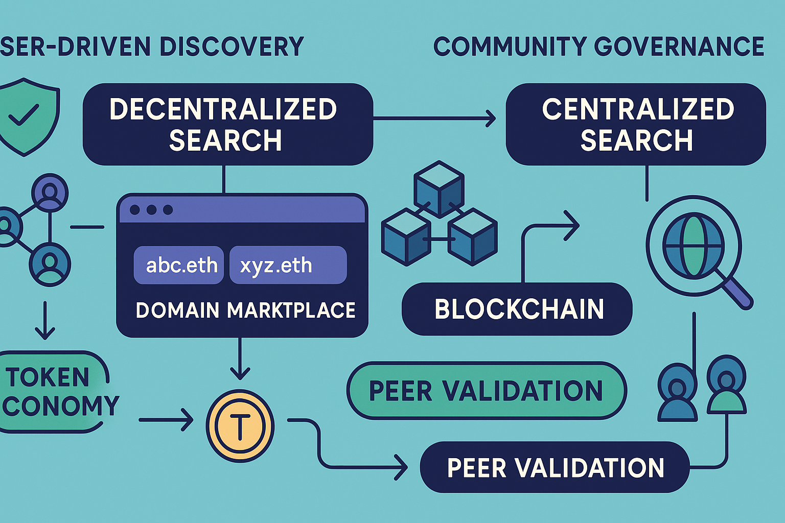 Diagram showing user-driven discovery and community governance in decentralized domain marketplaces.