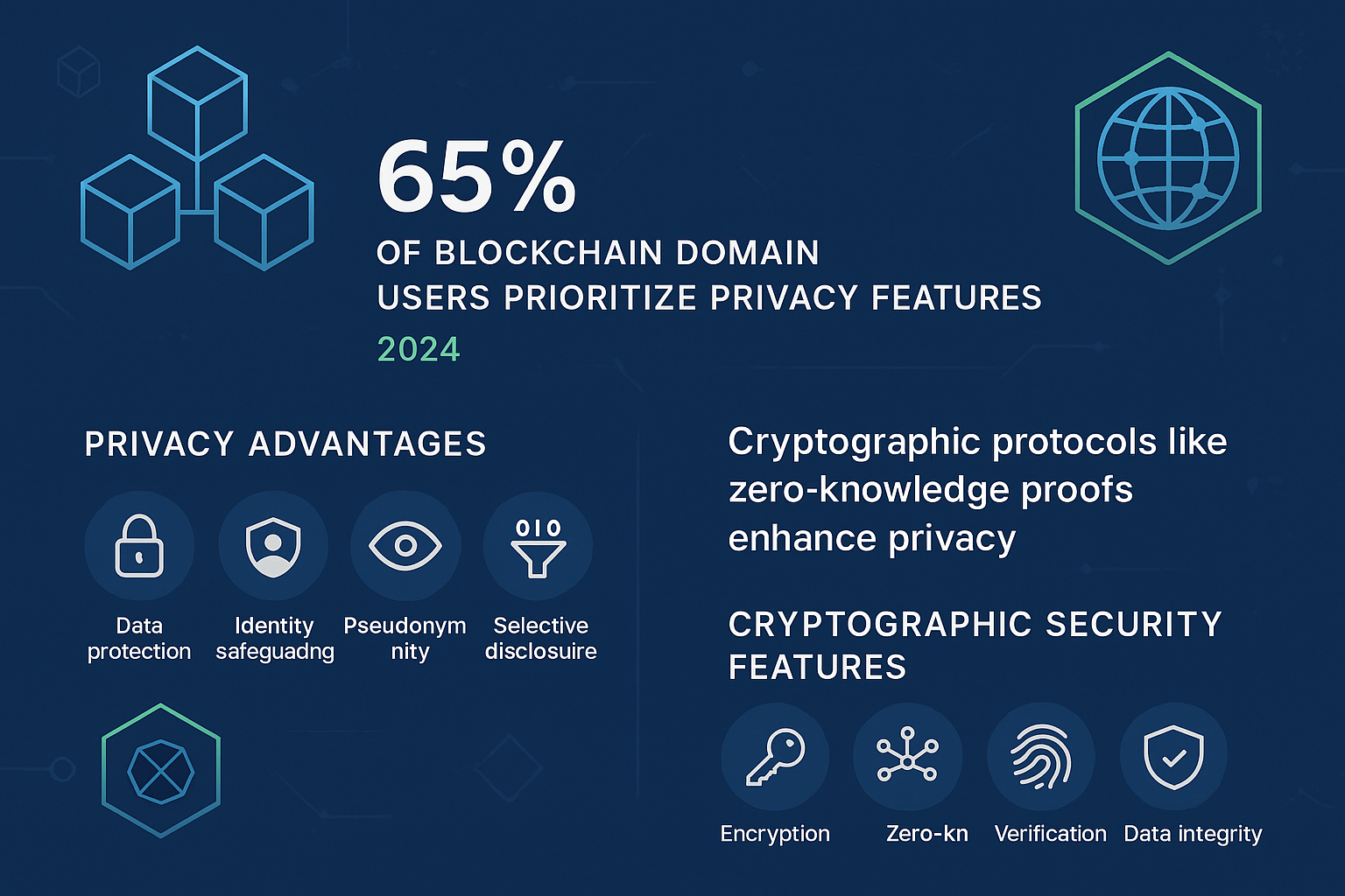 Infographic showing privacy advantages and cryptographic security features of blockchain domains