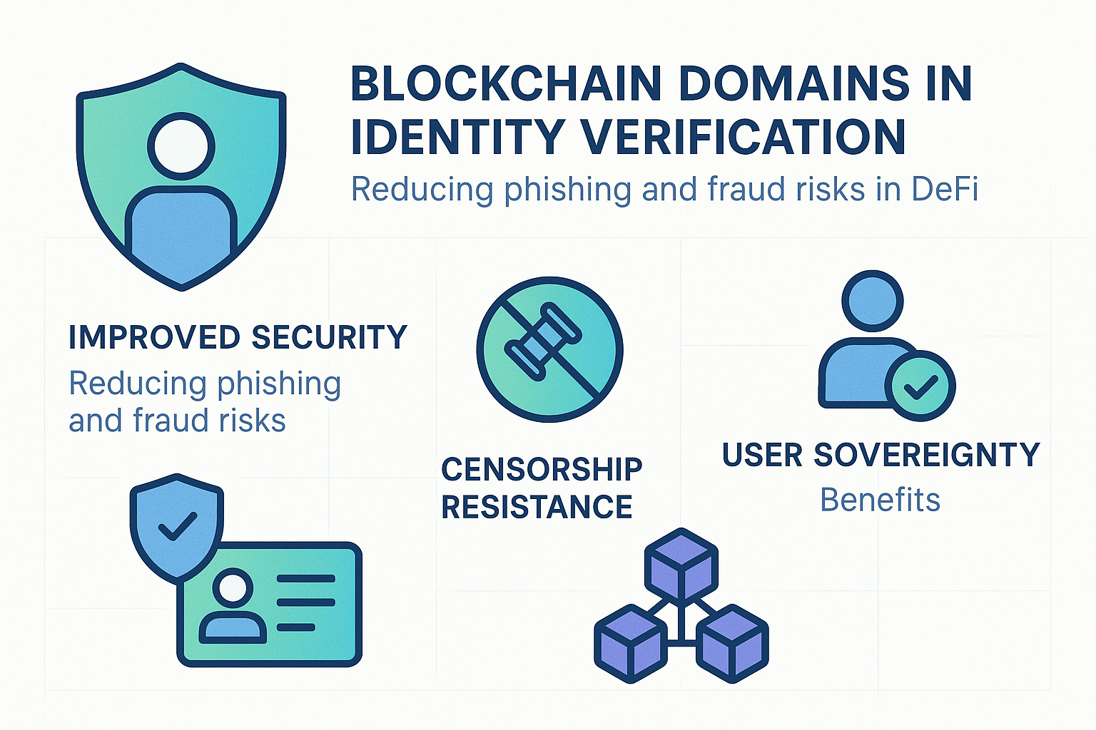 Infographic illustrating blockchain domains' role in identity verification and fraud reduction in DeFi