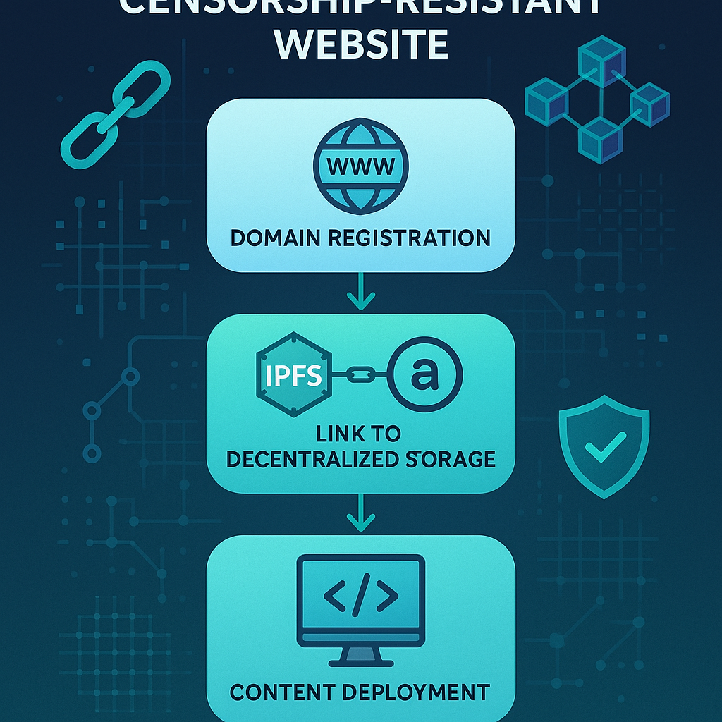 Technical flowchart illustrating the process of domain registration, content linking, and decentralized hosting.