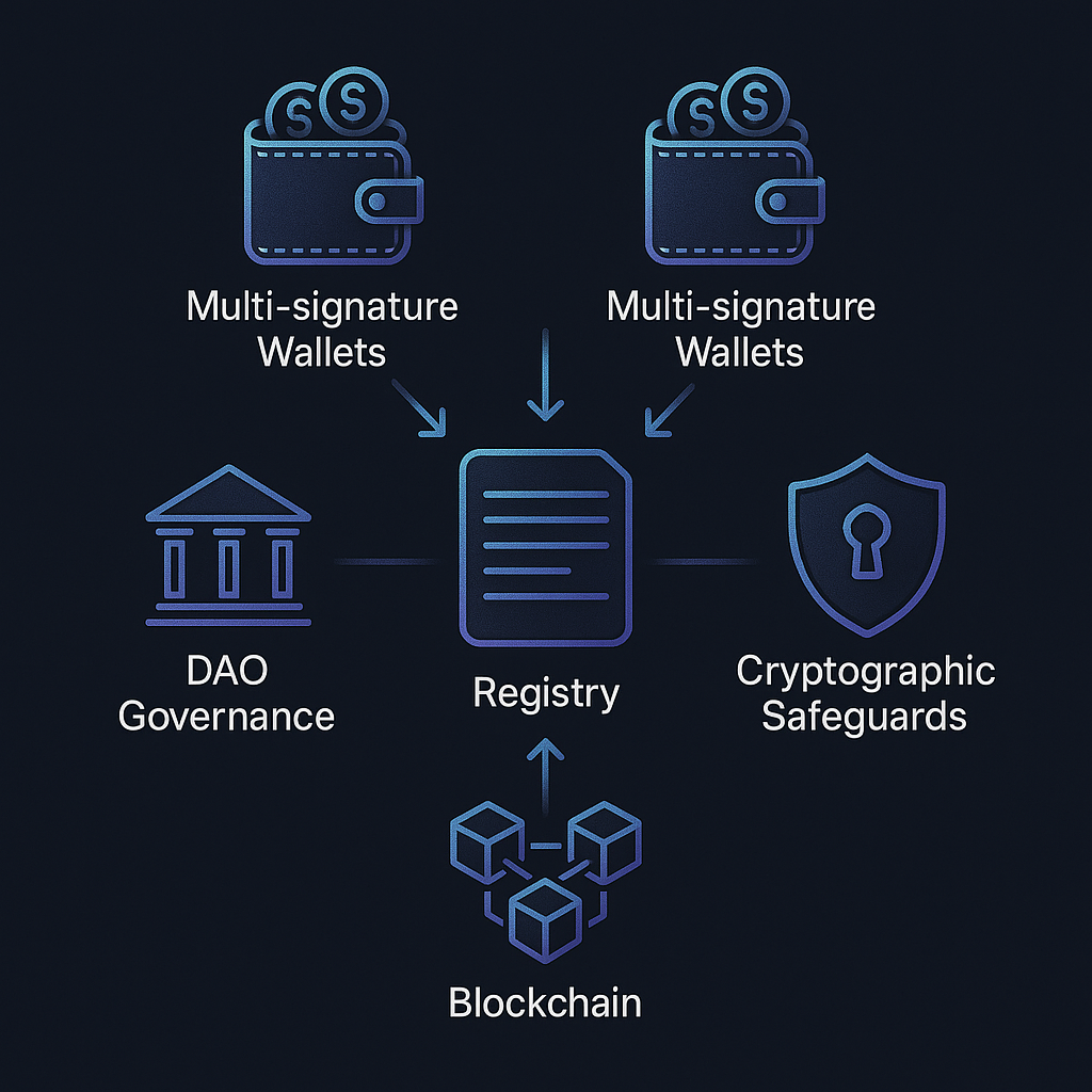 Diagram depicting security layers including multi-signature wallets, DAO governance, and cryptographic safeguards in decentralized domain management with labeled components