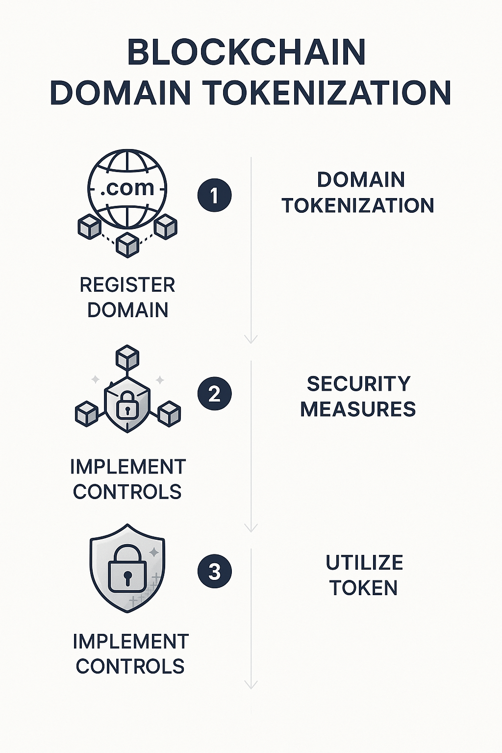 Vertical process flow chart illustrating blockchain domain tokenization steps and security