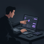 Illustration of a developer demonstrating web3 domain monetization with laptop and hardware wallet