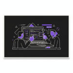 Illustrated web3 specialist configuring a domain resolver at a laptop with a hardware wallet nearby