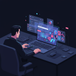 Illustration of a digital artist connecting a hardware wallet to a laptop while managing a Web3 domain dashboard with abstract UI panels and NFT preview.
