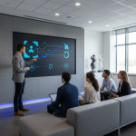 A blockchain consultant explaining decentralized identity management to a team in an office setting, pointing at a projected user-controlled digital identity wallet interface.