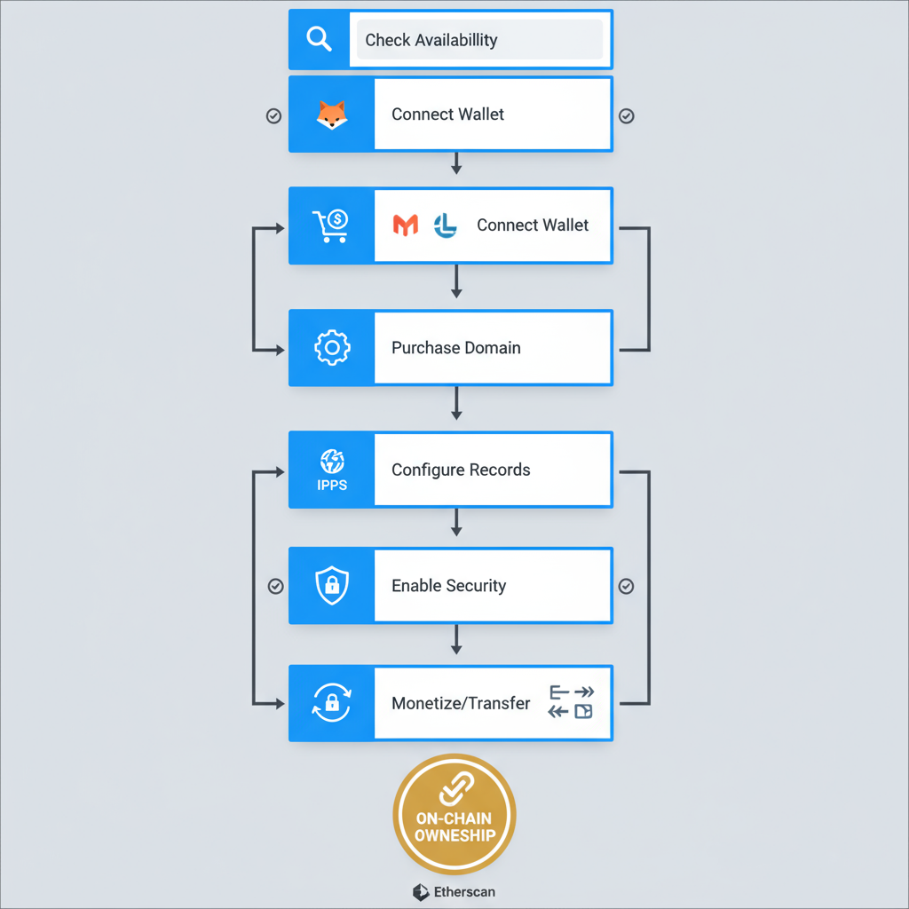 Seven-step vertical process flow illustrating Web3 domain registration, from availability check to monetization, with icons for MetaMask, IPFS, and Etherscan.