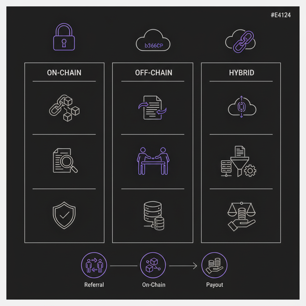 Three-column square infographic of on-chain, off-chain, and hybrid tracking using icons and a pictogram timeline.