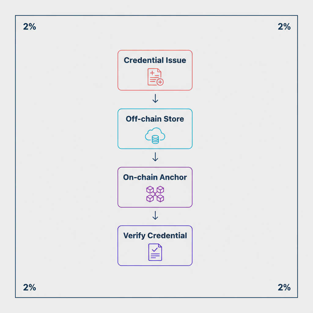 Vertical infographic showing credential issuance, off-chain storage, on-chain anchoring, and verification with icons.