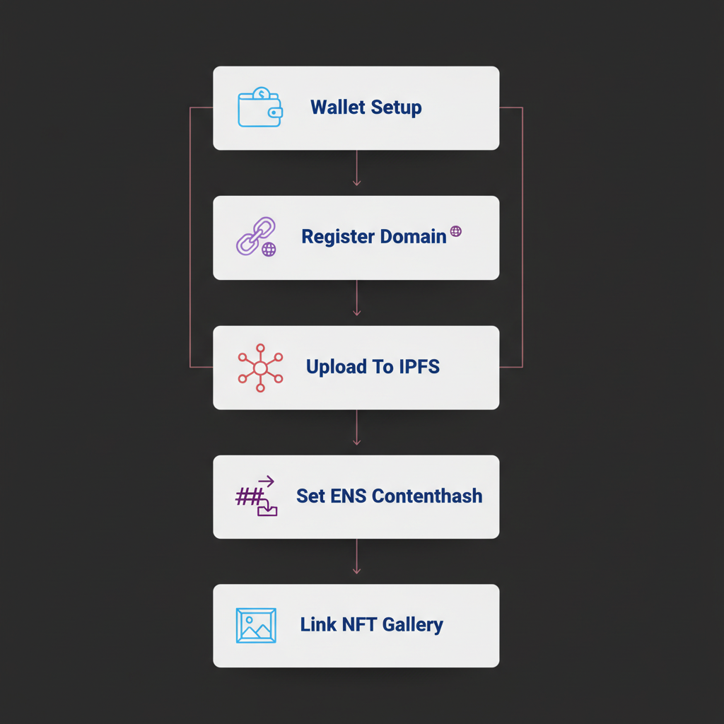 Vertical process flow showing Wallet Setup, Register Domain, Upload to IPFS, Set ENS Contenthash, Link NFT Gallery with simple icons.