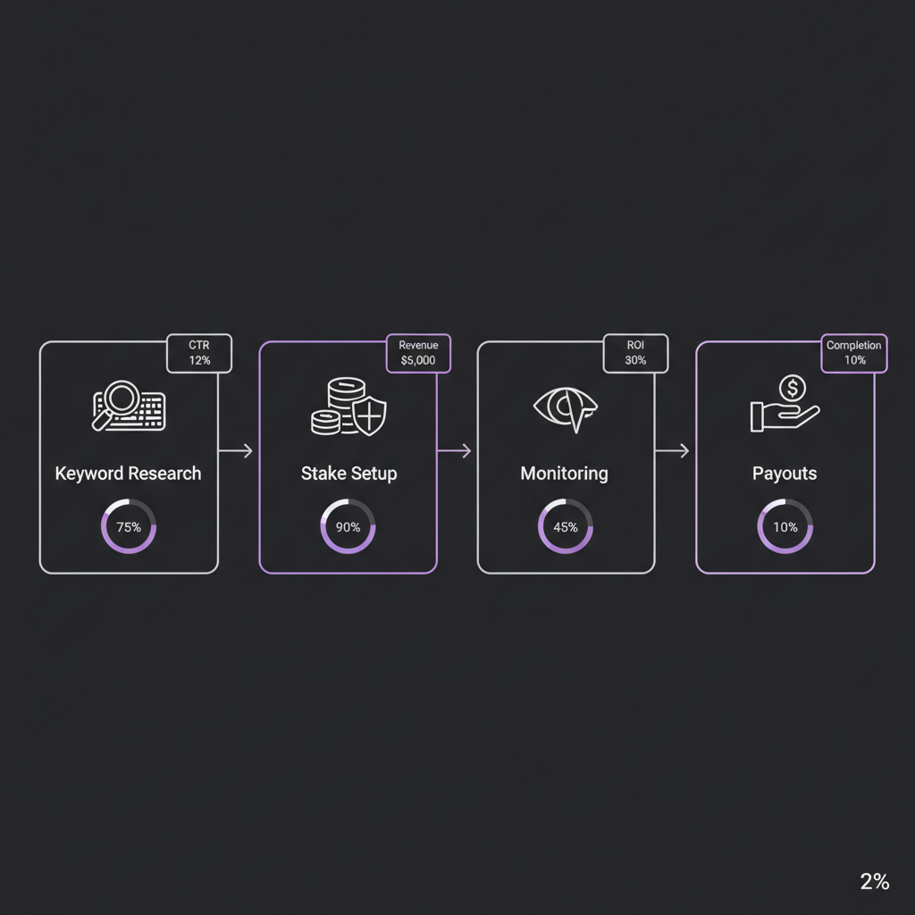 Horizontal process flow showing keyword research to payouts with KPI cards