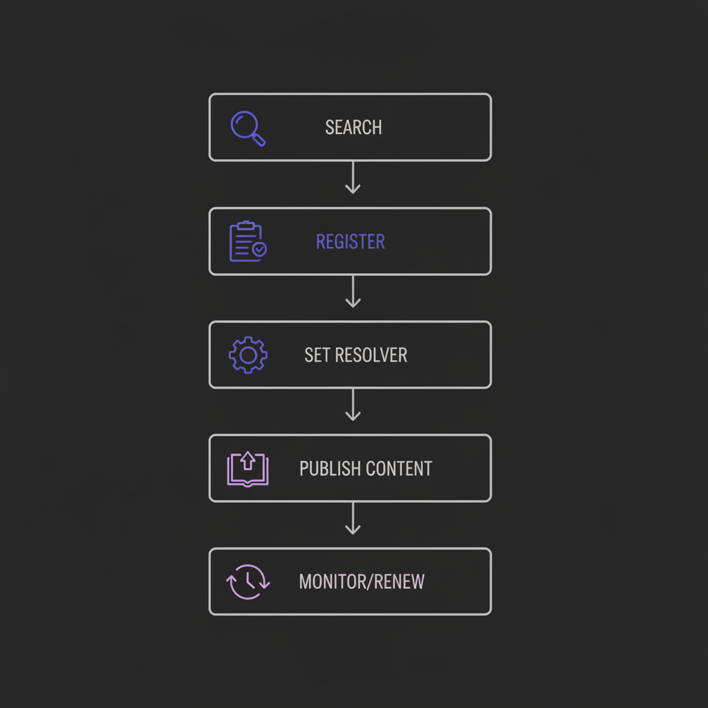Vertical process-flow showing search, register, resolver setup, publish, and monitoring steps for Web3 domains