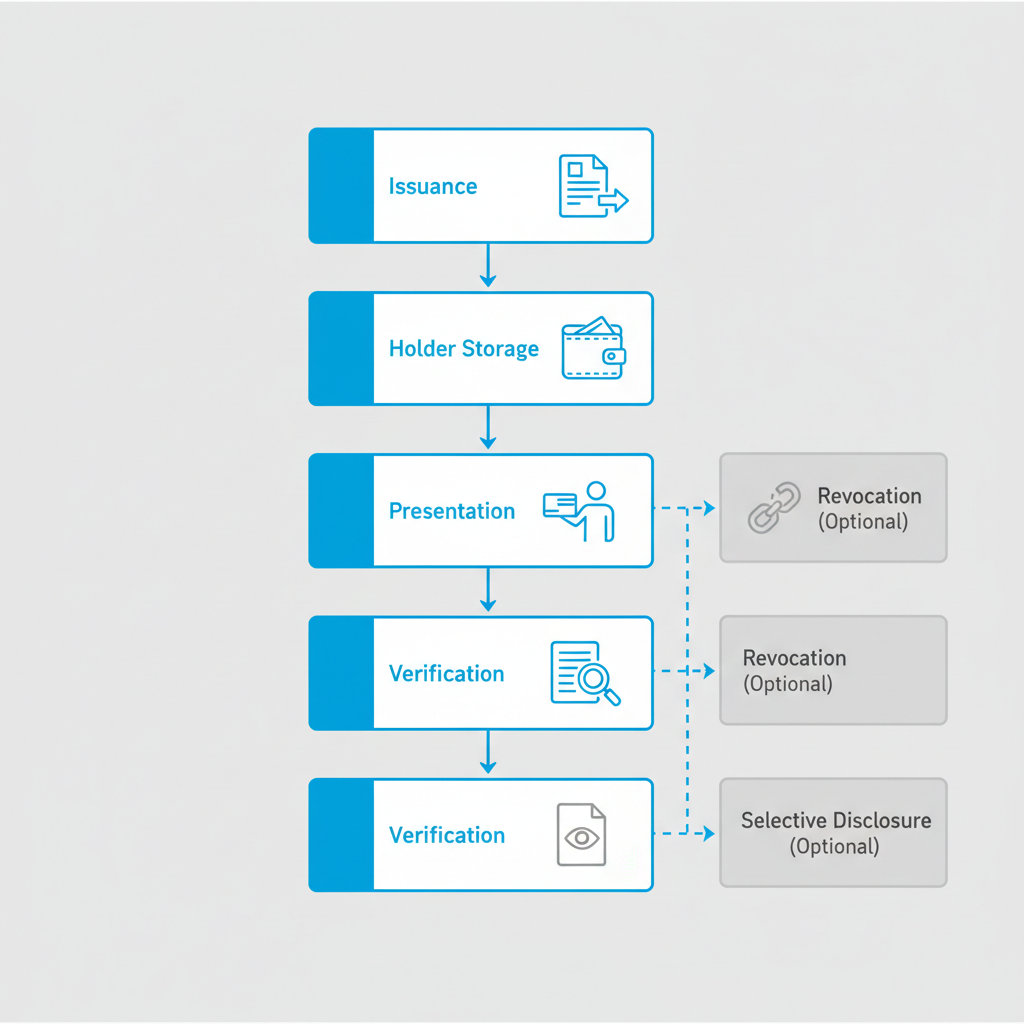 Verifiable Credential lifecycle with stages for issuance, storage, presentation, and verification, and optional revocation/selective disclosure paths.