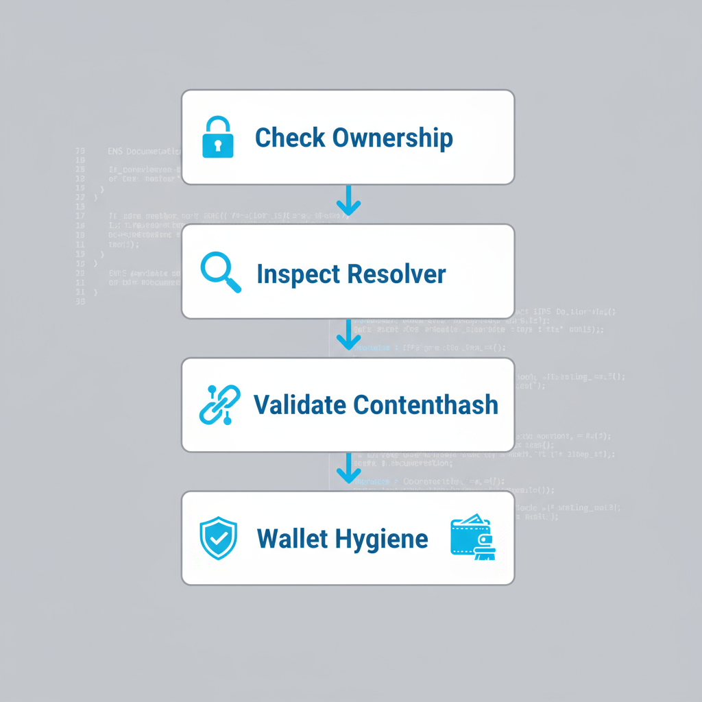 Infographic showing a step-by-step vertical process for Web3 domain verification, including ownership, resolver, contenthash, verifiable credentials, and wallet hygiene.
