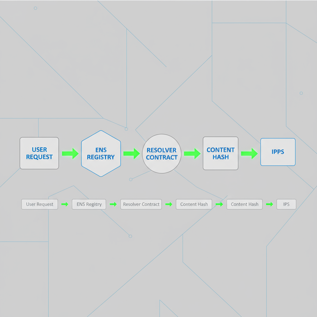 Infographic showing the step-by-step resolution flow of a Web3 domain from user request to content on IPFS